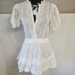 Womens Mable Eyelet Lace Mini Dress White Sz Small Tier Elastic Waistband R0330